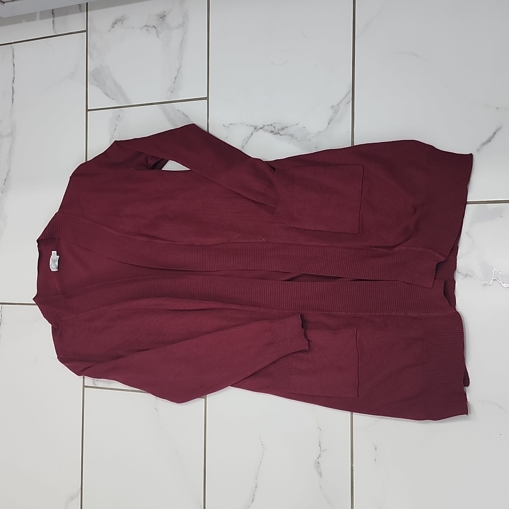 Cielo Open Front Long Knit Sweater Burgundy Sz Large
